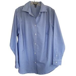 CHAPS Women's Size 1X No-Iron Blouse Blue White Stripes Button Down Shirt